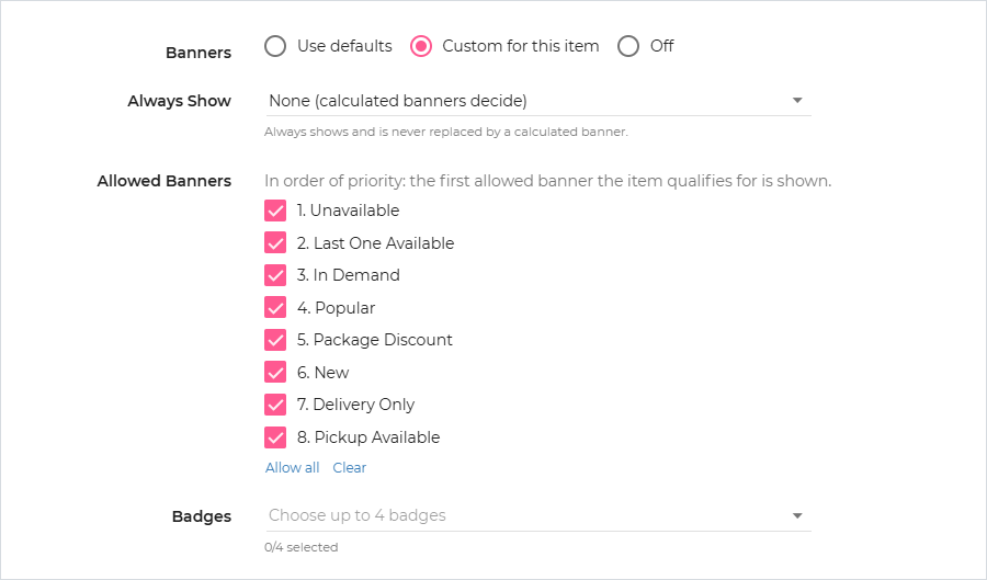 Banner settings on an inventory item with Custom for this item selected