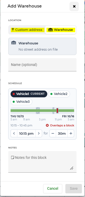Warehouse and Custom Address options