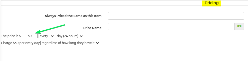 Pricing section for wet option upcharge