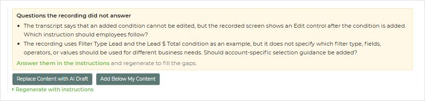 AI Draft questions and buttons on a training
