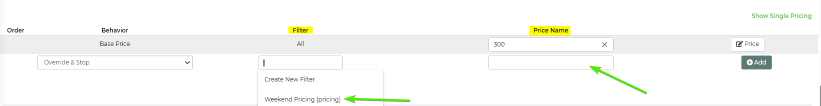 Weekend pricing filter and price name applied to conditional pricing